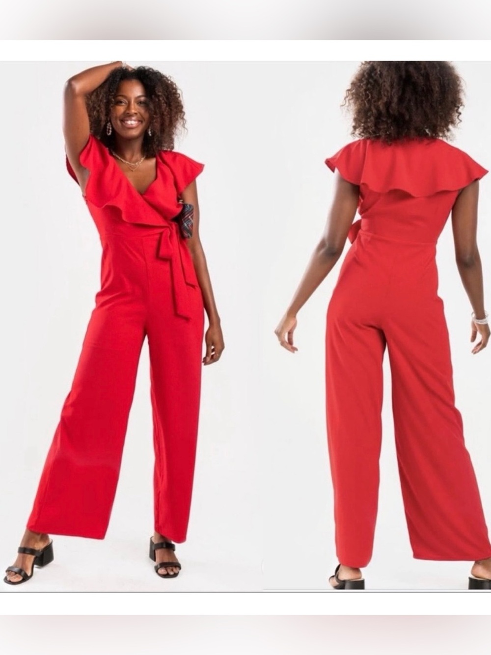 NWT women’s miami Red Ruffle Wrap Jumpsuit with Waist Tie - size small - wedding